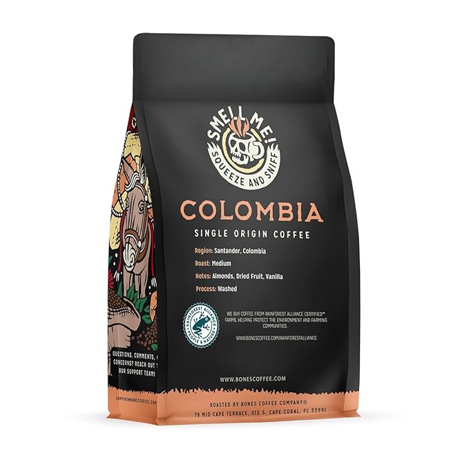 Bones Coffee Company Colombia Single-Origin Coffee, Almonds, Dried Fruit, Vanilla Notes, Flavored Ground Coffee, Medium Roast Low Acid Arabica Beans for Coffee Maker, 12 oz Ground