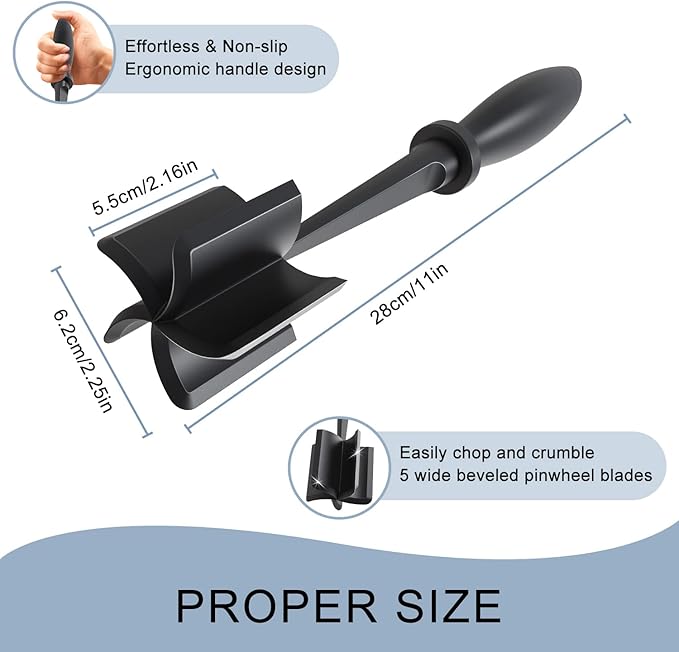 2 Pack Meat Chopper, 5 Curve Blades Ground Beef Masher, Heat Resistant Meat Masher Tool for Hamburger Meat, Ground Beef, Turkey and More, Nylon Hamburger Chopper Utensil Non-scratch Utensils