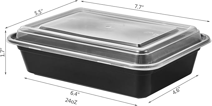 24 oz Meal Prep Containers With Lids Reusable 50 Pack Extra-thick Plastic Food Storage Black Disposable To Go Lunch Box BPA Free Stackable Microwave Dishwasher Freezer Safe (Formerly FULING)