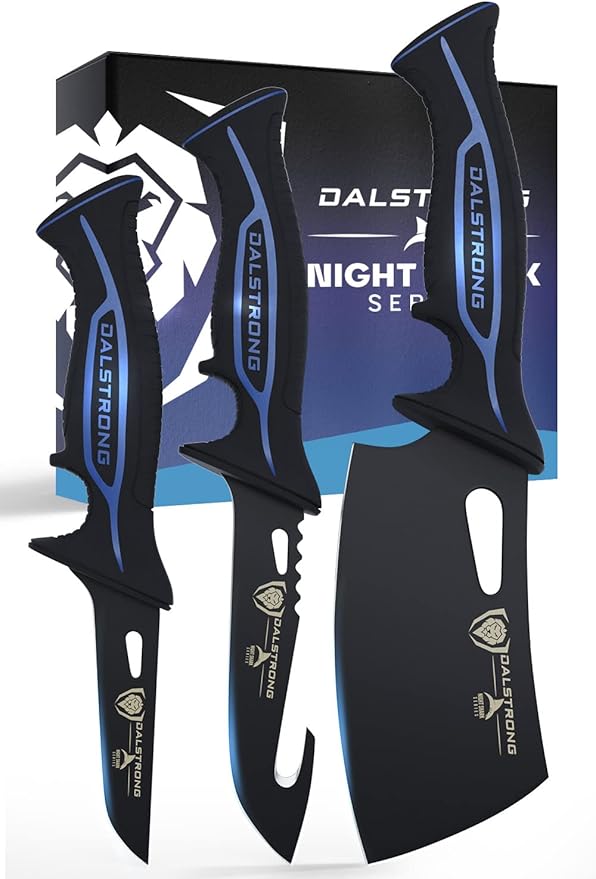 Dalstrong 3pc Kitchen Knife Set-Night Shark Series-High Carbon Steel-Titanium Coated-NonSlip Handle-Boning,Cleaver and Hook Fish Knives - w/Sheath-NSF Certified