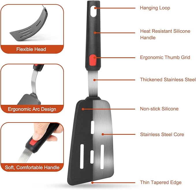 Hotec Silicone Spatula Turner for Nonstick Cookware, Cooking Spatulas 600°F Heat Resistant Large Flexible Rubber Spatula Set of 3, Kitchen Utensils for Flipping Eggs, Burgers, Pancakes, Crepes