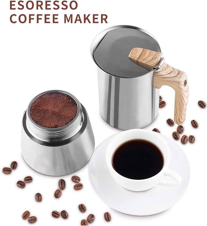 Sivaphe Stovetop Espresso Maker Stainless Steel 9 Cups, Induction-Capable Mocha Pot 450ml, Coffee Percolator with Replacement Silicone Gasket Steel Filter and Instructions (1 Cup=50ml)