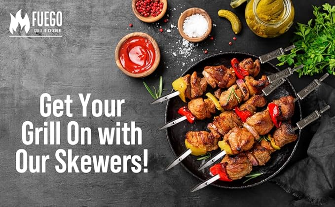 Fuego Skewers for Grilling - 17" Stainless Steel Flat Blade with Push Slider | Reusable & Dishwasher Safe | BBQ Skewers and Shish Kabob | Set of 8