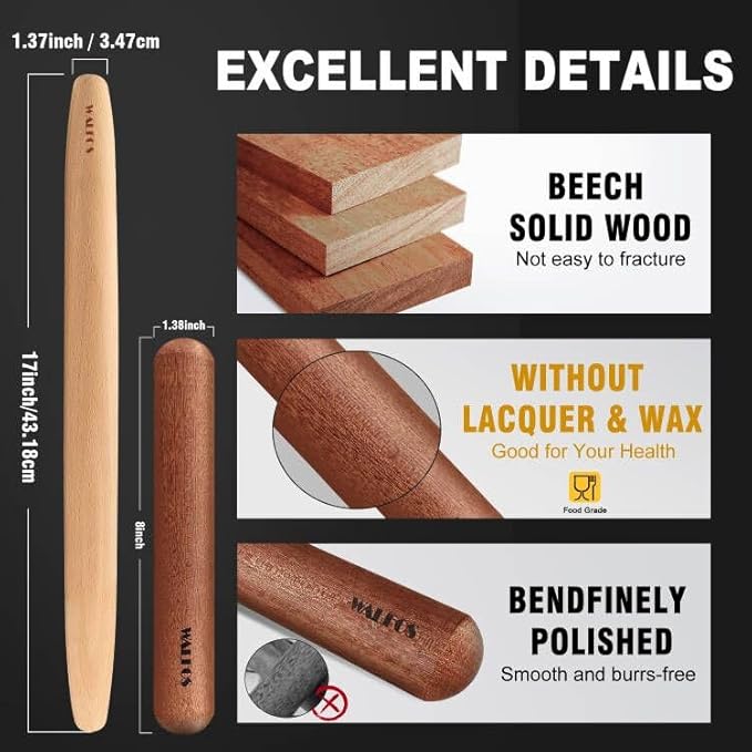 Walfos French Rolling Pin Set - Natural Wooden Rolling Pins (8inch, 15.7inch) With Non-stick Silicone Fiber Pastry Mat, Baking Dough Roller for Pizza, Pie, Pasta, Bread, Pastry