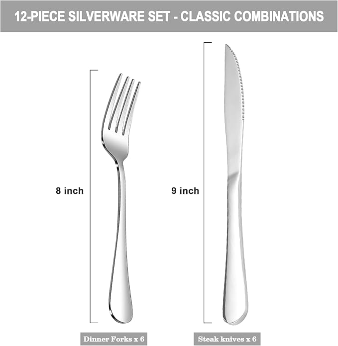 SANTUO 12 Pcs Silverware Set with 6 Steak Knives and 6 Dinner Forks,Flatware Set with Top Food Grade Stainless Steel,Tableware Cutlery Set For Home Restaurant Hotel, Mirror Finish, Dishwasher Safe