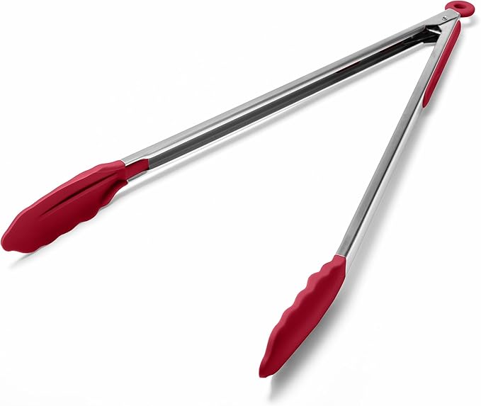 Doosu Kitchen Tongs for Cooking - 600°F Heat Resistant Food Tong with Non-Scratch Silicone Tips, Heavy Duty Stainless Steel Locking Tong for BBQ, Grilling Steak, Serving Salad, Pasta (16in, Red)