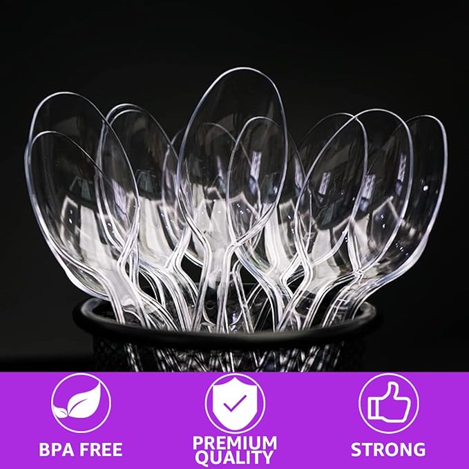 [100 Count] Clear Plastic Spoons Heavy Duty Disposable Spoon Reusable Bulk Plastic Utensils Sturdy Cutlery Set Durable Plasticware Silverware for Party,Every Day Use,Picnic,Camping,Wedding,Barbecues