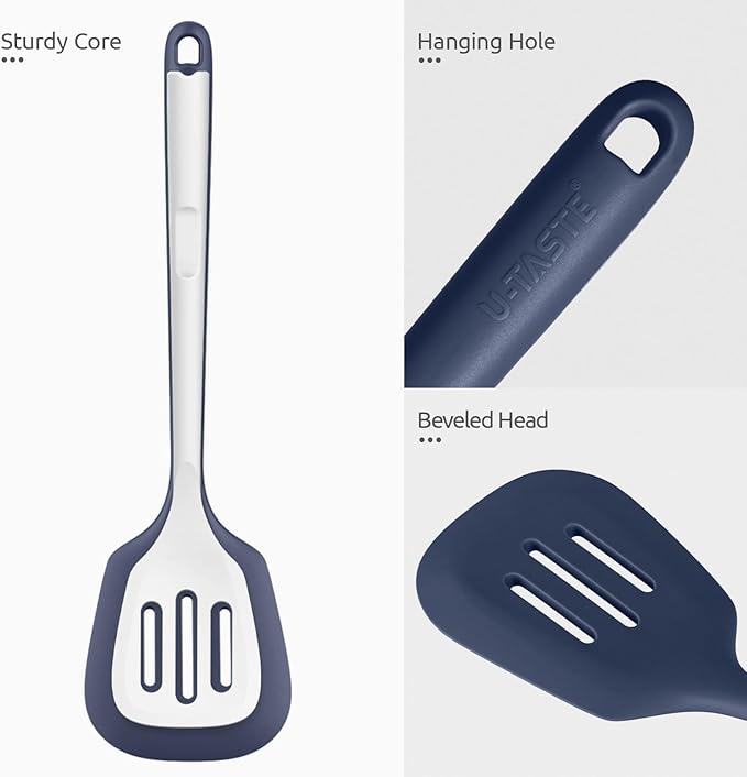600ºF Heat Resistant Silicone Turners: U-Taste 13.6in Long Solid & Slotted Kitchen Spatula Flipper, Food Grade Wide & Large Flexible Cooking Utensils for Flipping Eggs, Pancakes (Midnight Blue, 2PCS)