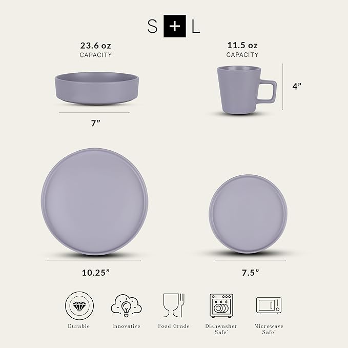 Stone Lain Cleo Modern Stoneware 16-Piece Dinnerware Set, Plates and Bowls Set, Dish Set Service For 4, Light Gray