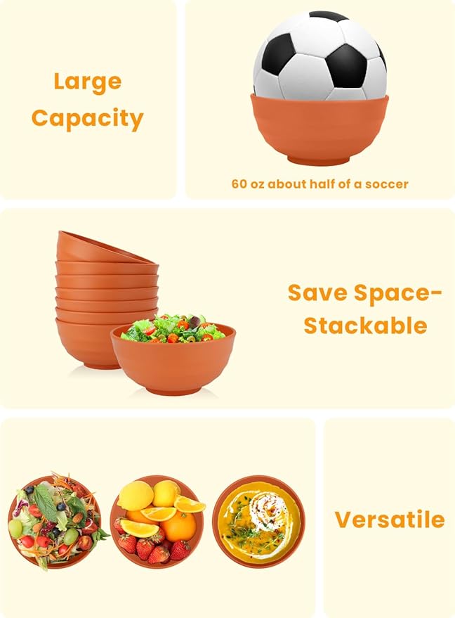 Homienly Large Bowl Set of 8, 60 oz Orange Wheat Straw Bowls, Unbreakable & Microwave Safe, Big Soup and Salad Bowls for Wedding, Party, Camping, Family Dining