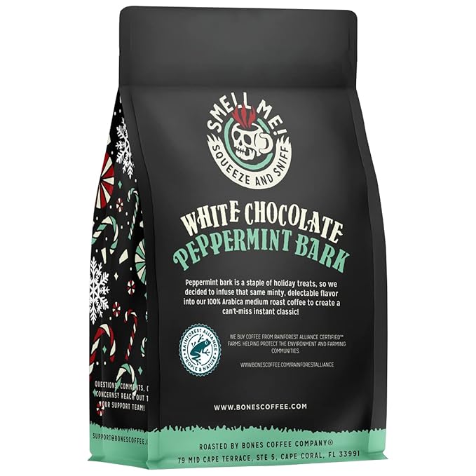 Bones Coffee Company White Chocolate Peppermint Bark Flavored Coffee, Medium Roast Low Acid Arabica Beans Compatible with Auto drip and French Press Coffee Maker, 12 Oz Ground