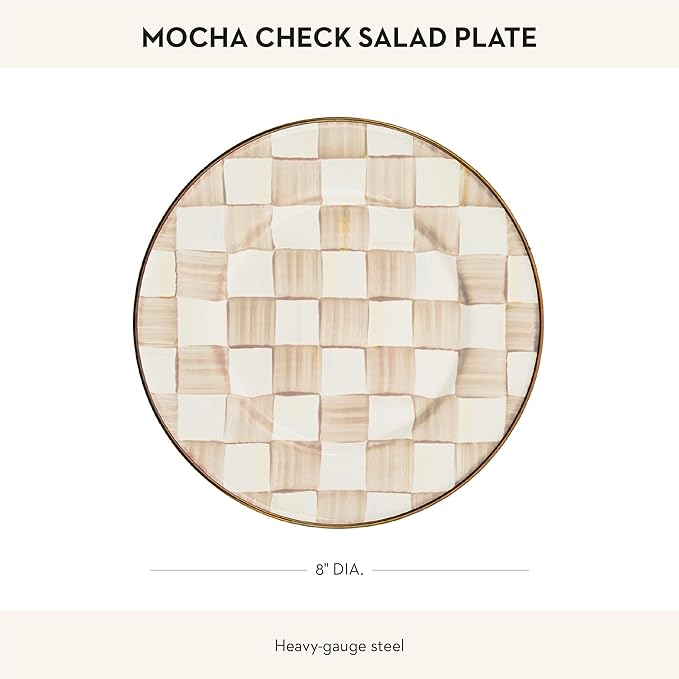 MACKENZIE-CHILDS Enamel Salad and Dessert Plate, Small Plate for a Dessert or Appetizer Dish, 8 Inches, Brown-and-White Mocha Check