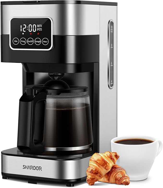 SHARDOR 10-Cup Programmable Coffee Maker, Regular & Strong Brew Drip Coffee Machine for Home and Office, Auto Shut Off, Permanent Filter, Silver