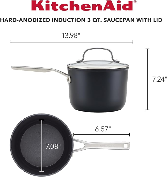 KitchenAid Hard Anodized Induction Nonstick Sauce Pan/Saucepan with Lid, 3 Quart - Matte Black
