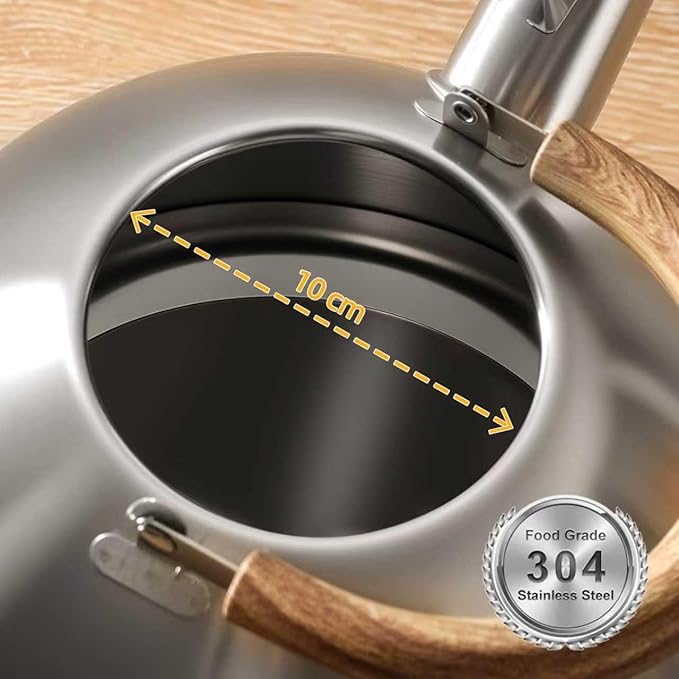 18/8 Stainless Steel Tea Kettle for Stovetop (5L / 5.29 Quart, Whistling Tea Pot, Wood Handle)-Silver