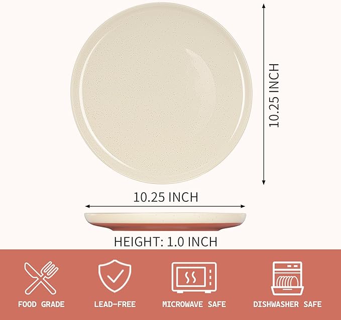 GZG Ceramic Dinner Plates Set of 4, 10.25 Inch Speckled Stoneware Plates with Clay-Tone Base, Large Ceramic Plates for Steak, Salad, Pizza, Microwave Oven Dishwasher Safe