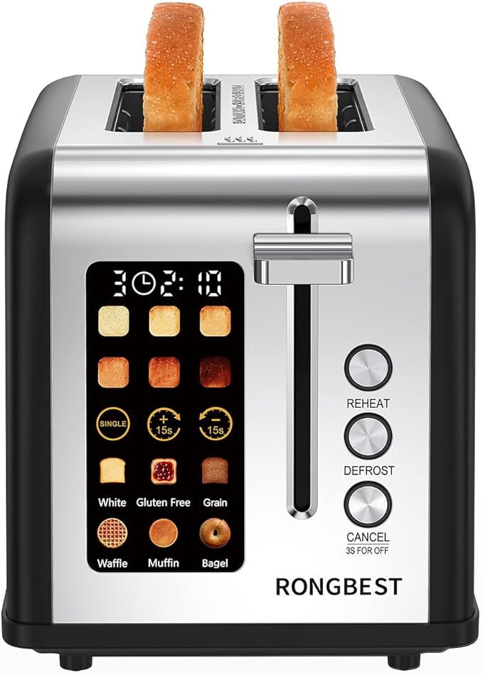 2 Slice Touch Screen Toaster, Stainless Steel Toaster with Wide Slots for Bagels and Bread, Reheat/Defrost/Cancel Functions, Removable Crumb Tray, Matt Black