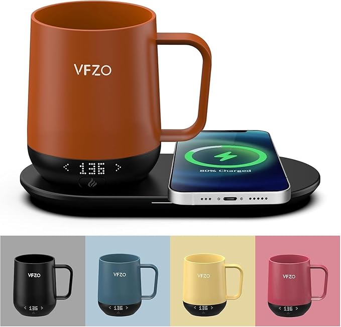 Temperature Control Smart Mug, Self Heating Coffee Mug LED Display, 180 Min Battery Life - Hot up to 149℉ Fast Wireless Charger Base Improved Design coffee serving sets (12oz, Orange)