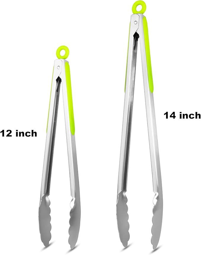 304 Stainless Steel Kitchen Cooking Tongs, 12" and 14" Set of 2 Sturdy Grilling Barbeque Brushed Locking Food Tongs with Ergonomic Grip, Green