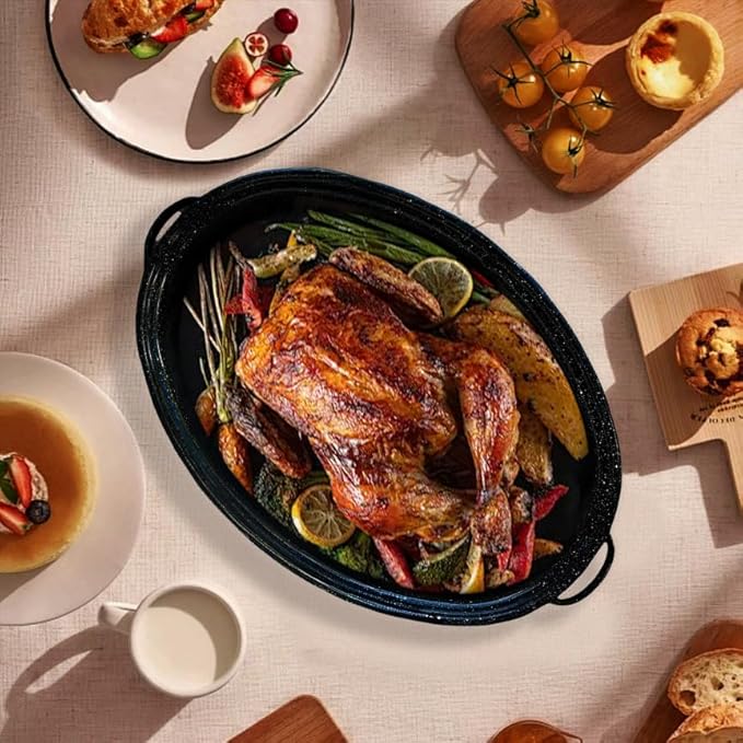 19” Turkey Roasting Pan Enamel Oval Granite Large Roaster Pan with Lid with 17in Inner Diameter Large Capacity Suitable for Thanksgiving Enamel Cook Ware Dishwasher Compatibility Oven Christmas Gift