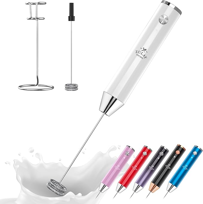 Zulay Kitchen Lux Rechargeable Milk Frother Handheld - Powerful 2-Speed Motor, Fully Waterproof, 2000mAh Battery - Drink Mixer For Latte, Cappuccino, Matcha, Protein Powder - White
