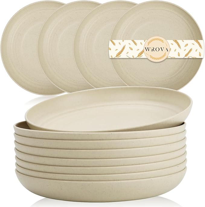 Wrova Wheat Straw Plates - 9 Inch Unbreakable Dinner Plates Set of 8 - Dishwasher & Microwave Safe Plastic Plates Reusable - Lightweight Plates for kitchen,R.V. (Beige)