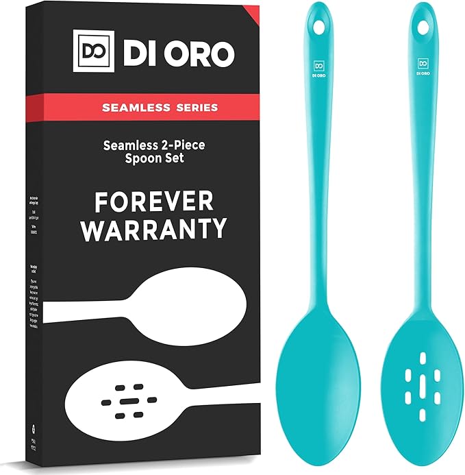 DI ORO Silicone Cooking Spoons - Large Mixing, Serving & Stirring - 600F Heat-Resistant Non-Stick - Big Solid & Slotted Basting Spoons - Dishwasher Safe (2pc, Teal)