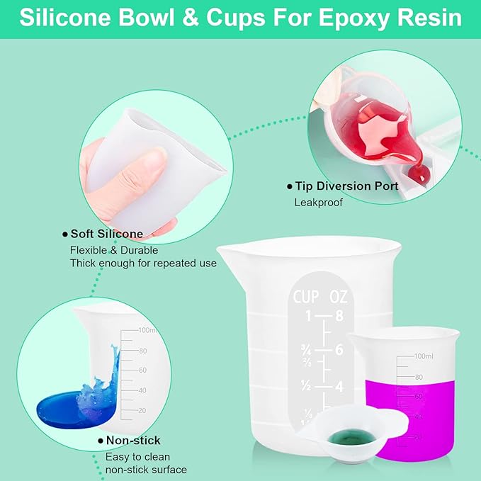 7 PCS Silicone Measuring Cups Kits,1 PCS 250ml Silicone Cups,4 PCS 100ml Non-Stick Mixing Cups,2 PCS 10ml Silicone Mold Cup Dispenser, for Casting Moulds,Jewelry Making,DIY,Crafts