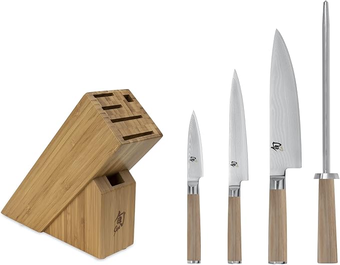 Shun Classic Blonde 5 Piece Starter Block Set, Includes 8" Chef, 3.5" Paring & 6" Utility Knives, Handcrafted Japanese Knife Block Set, Damascus Stainless Steel Cladding, Pakkawood Handle