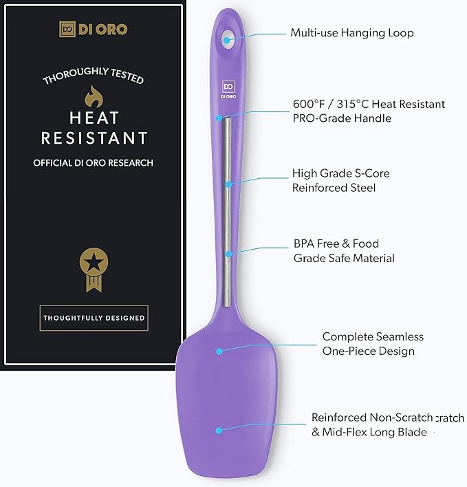 DI ORO Silicone Spoon Spatula - 600°F Heat-Resistant Large Silicone Spoonula Scraper - BPA Free Nonstick Cookware Safe Rubber Kitchen Utensil for Baking, Cooking, & Mixing - Dishwasher Safe (Lavender)
