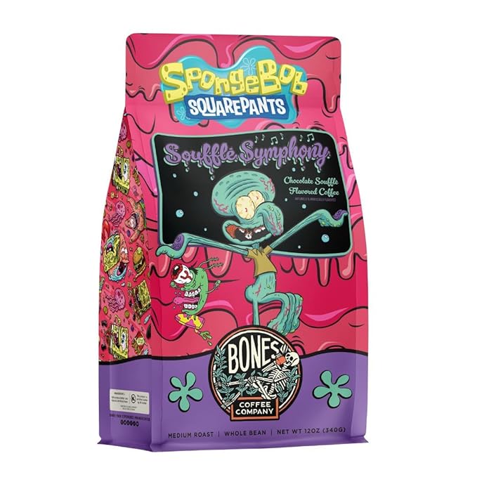 Bones Coffee Company Spongebob Soufflé Symphony, Chocolate Soufflé Flavored Whole Coffee Beans, Low Acid Medium Roast Arabica Beans Flavored Coffee, 12 oz Whole Bean