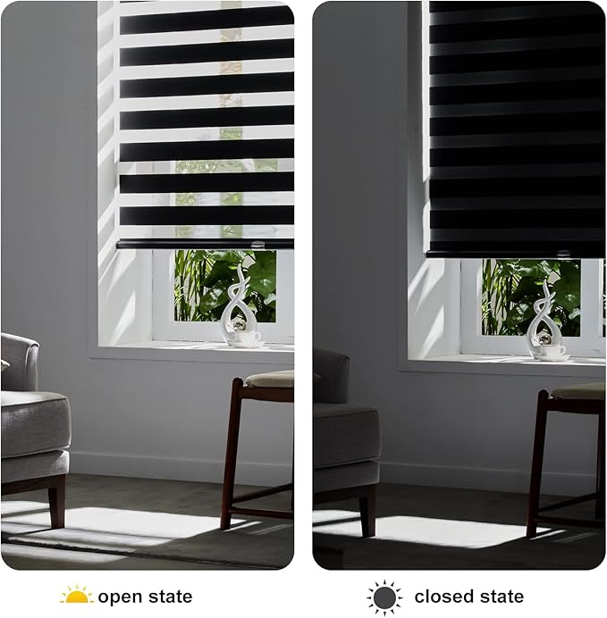 Persilux Cordless Zebra Blinds for Windows (33" W X72 H, Black) Free-Stop Roller Windows Shades Dual Layer Light Control for Day and Night, Light Filtering Sheer Shades for Home, Easy to Install