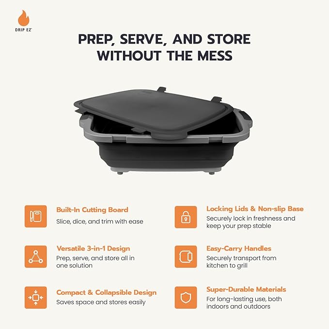 Drip EZ Collapsible BBQ Prep Tubs 3-Piece Set- For Meal Prep Marinating Food Storage - Includes Cutting Board & Lid - (1) JR - Orange + (1) OG - Orange + (1) XL - Black