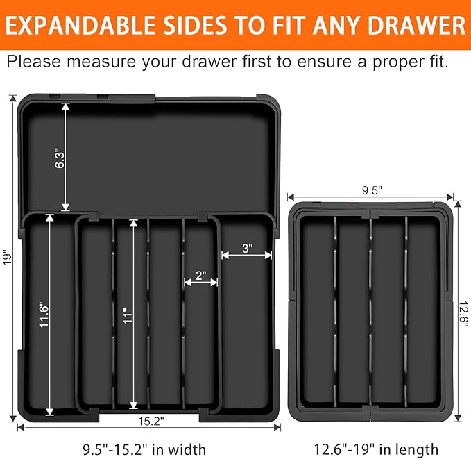 Silverware Organizer - Expandable Kitchen Drawer Organizer, Utensil Drawer Organizer, Adjustable Plastic Flatware and Cutlery Holder, Kitchen Organizers Storage for Forks Knives, Black