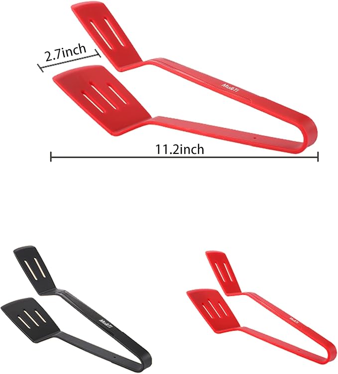 Mu&Ti Silicone Kitchen Tongs 2-in-1 11 In Premium Stainless Steel Barbecue Clamp Multipurpose BBQ Clamp Spatula for Gripper Bread Clip/Fried Steak Clamp/Flipping Fish/Beefsteak Flipper Two Set(Red)