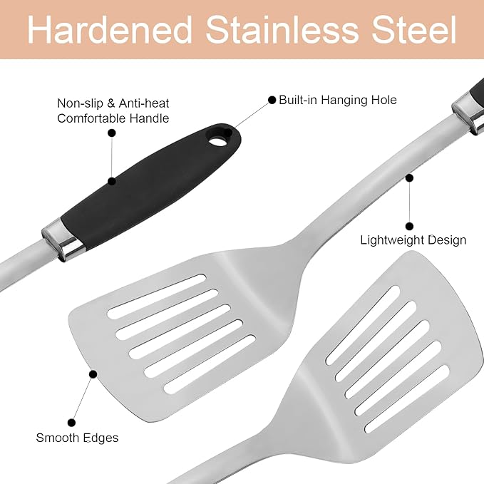 3-Piece Cooking Utensils Set Stainless Steel Large Serving Spoons Set Slotted Spoon Spatula Turner Skimmer Commercial and Residential Use Dishwasher Safe