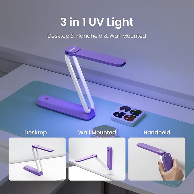 Resiners UV Resin Light, UV Light for Resin Curing, Wireless & Rechargeable Blacklight Ultraviolet LED, 3-in-1 Uses, Foldable UV Lamp, Craft Supplies Tools for Resin Molds, Jewelry Making, Purple