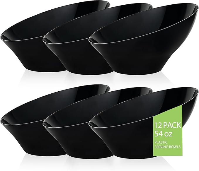 BESTVIP 54oz Black Plastic Serving Bowls for Party - 12 Pack Angled Disposable Serving Bowls, Party Bowls for Chips, Snacks, Fruit, Salad - Catering Bowls for Daily Use, Parties,Halloween, Christmas