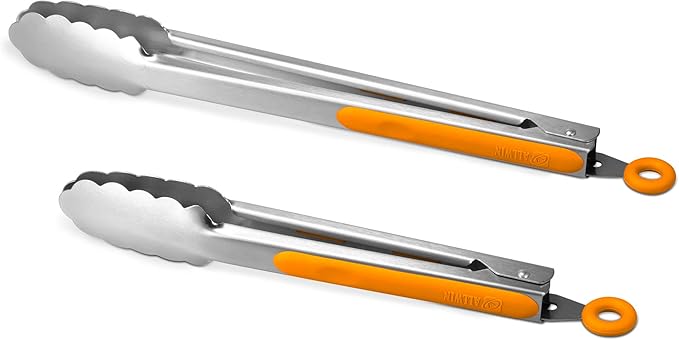 304 Stainless Steel Kitchen Cooking Tongs, 9" and 12" Set of 2 Sturdy Grilling Barbeque Brushed Locking Food Tongs with Ergonomic Grip, Orange