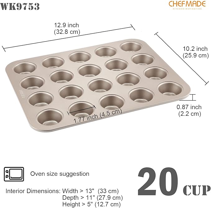 CHEFMADE Mini Muffin Pan, 20-Cavity Non-Stick Tiny Cupcake Pan Bakeware for Oven Baking (Champagne Gold)