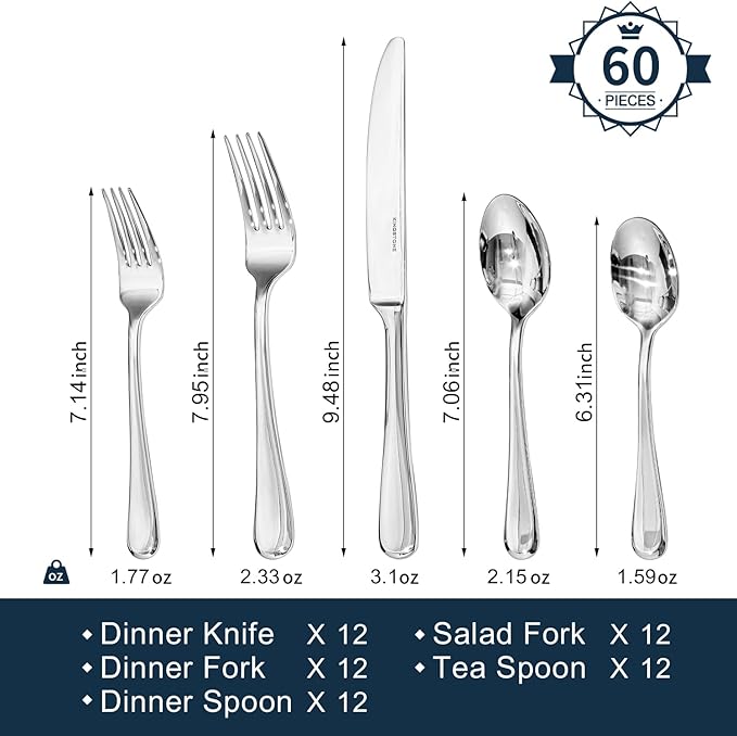 KINGSTONE 60 Pieces Silverware Set for 12, Premium Stainless Steel Flatware Set, Heavy Duty and Modern Design Cutlery Set, Mirror Polished, Dishwasher Safe
