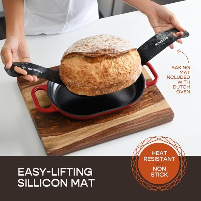Enameled Cast Iron Dutch Oven for Professional Sourdough Bread Baking | 5.5 Quart Loaf Size Oval Cookware Pot with Lid | Triple-Layer Enamel Coating Pan with Non Stick Silicone Mat |Red