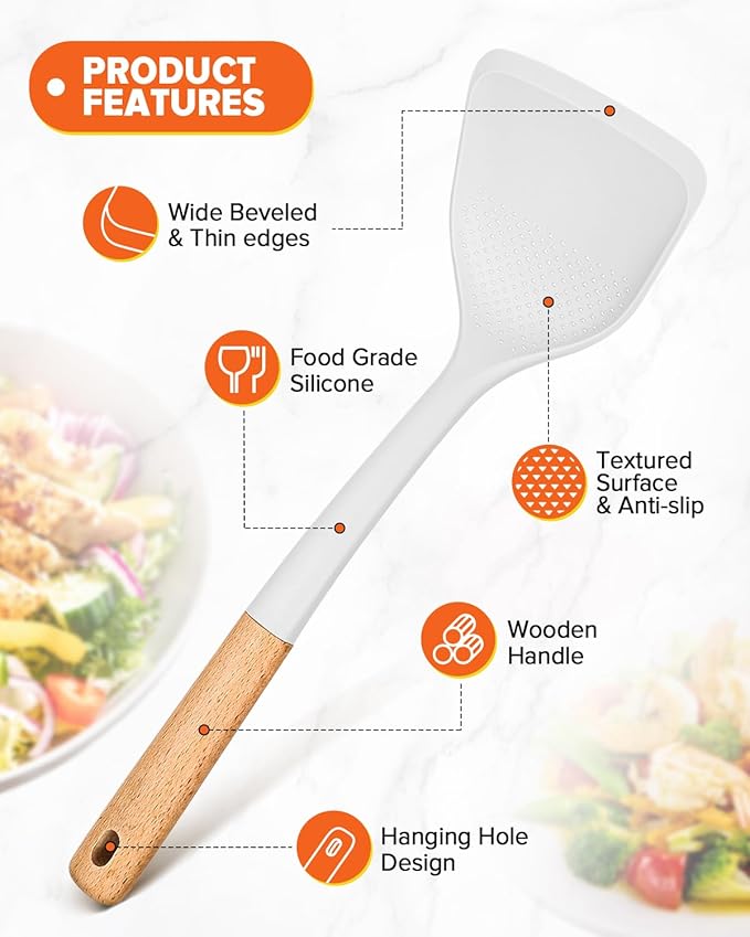 Silicone Cooking Utensils Set, Perfectly Angled for Frying, Mixing,Serving,Draining,Turning and Stirring, BPA-Free Matte Silicone, Wood Handles, Safe for Nonstick Cooking Surfaces,4 Pack (White)