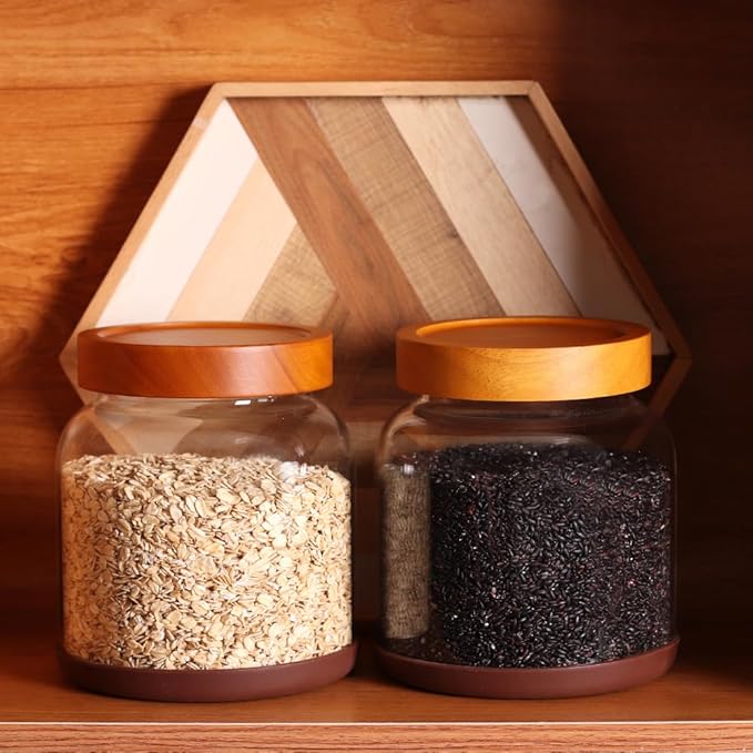 SAIOOL Large Capacity Screw Glass Food Storage Jars (Set of 2) - Diam 15cm x H16cm 2000ML Kitchen Canisters for Flour, Rice, Pasta, Leakproof Design with Yellow Wood Lid & Accessories