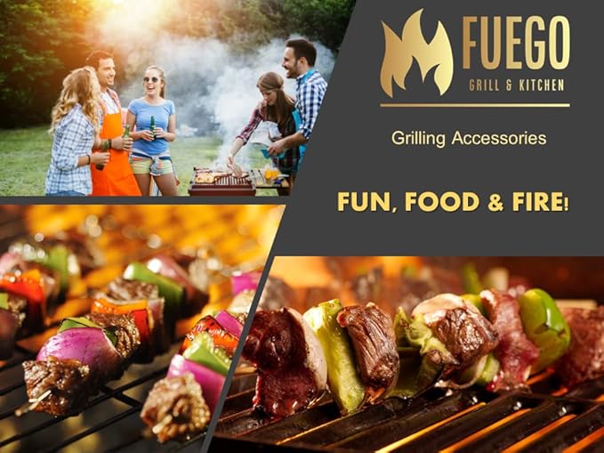 Fuego Skewers for Grilling - 17" Stainless Steel Flat Blade with Push Slider | Reusable & Dishwasher Safe | BBQ Skewers and Shish Kabob | Set of 8