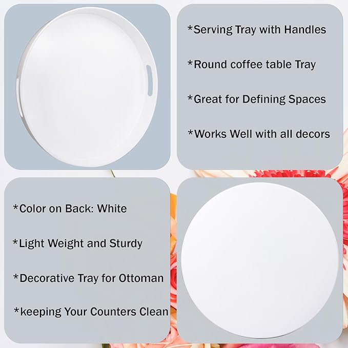Round White Decorative Serving Tray with Handles, 13” Versatile Ottoman Tray for Coffee Table, Entertaining, Outdoor Patio, Living Room
