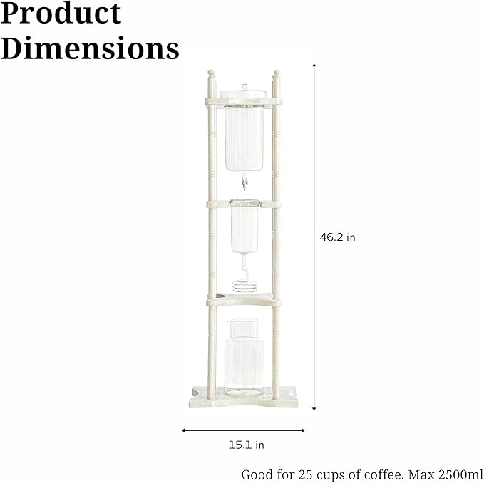 Nispira Cold Brew Drip Tower Iced Coffee Maker Glass Wooden Stand 25 Cups white