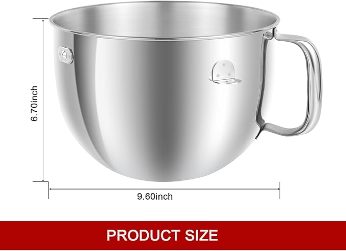 6QT Stainless Steel Mixer Bowl with Handle Compatible with KitchenAid Bowl Lift Stand Mixers KD2661, KL26M, KP26M1, KP26M8, KP26N9, KV25G, KV25M. Replacment for KitchenAid 6 Quart Mixing Bowl KN2B6PEH