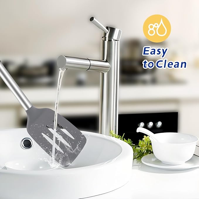 5-Piece Silicone Kitchen Tool Set, BPA-Free, Heat-Resistant, Non-Stick & Dishwasher-Safe, with Slotted/Solid Spoons & Spatulas for Frying, Mixing, Draining – Includes Multi-Purpose Serving Hook(Gray)