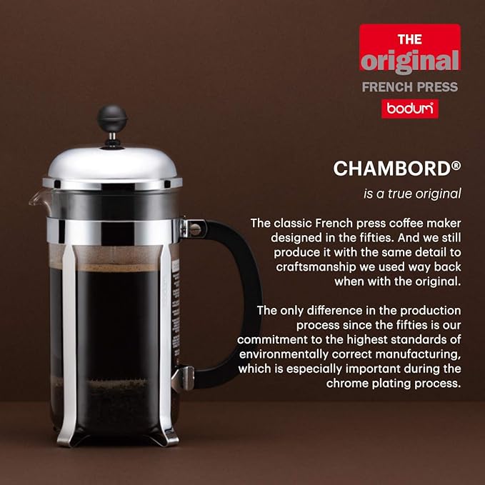 Bodum 34oz Chambord French Press Coffee Maker, High-Heat Borosilicate Glass, Stainless Steel, Black – Made in Portugal